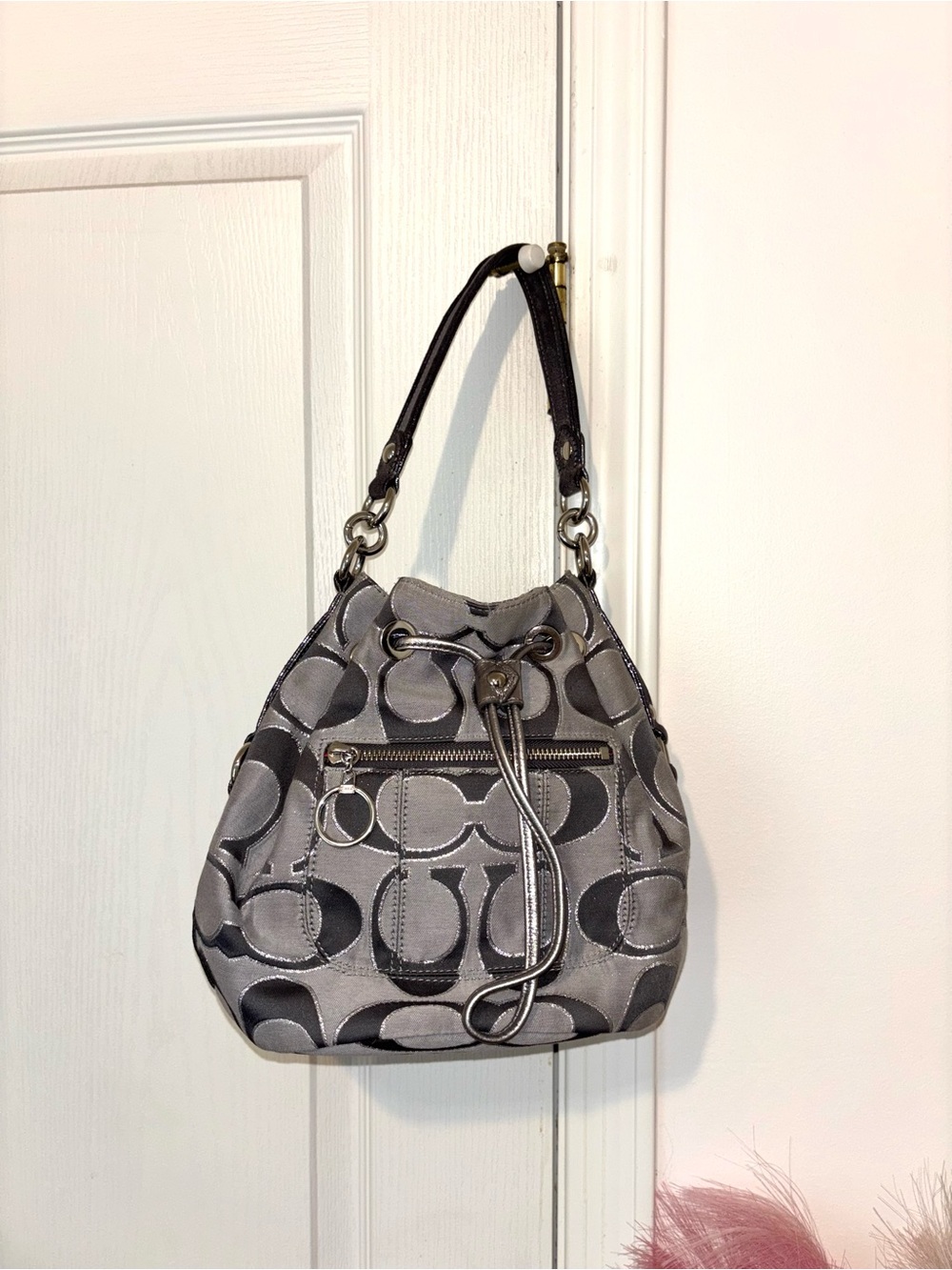 Coach Signature Drawstring Shoulder Bag in Gray and Black